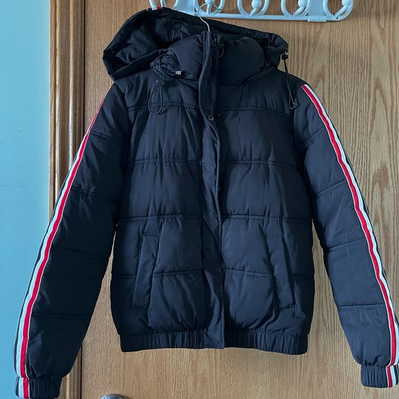 Black puffer jacket with red and white stripes - Picture 1 of 6